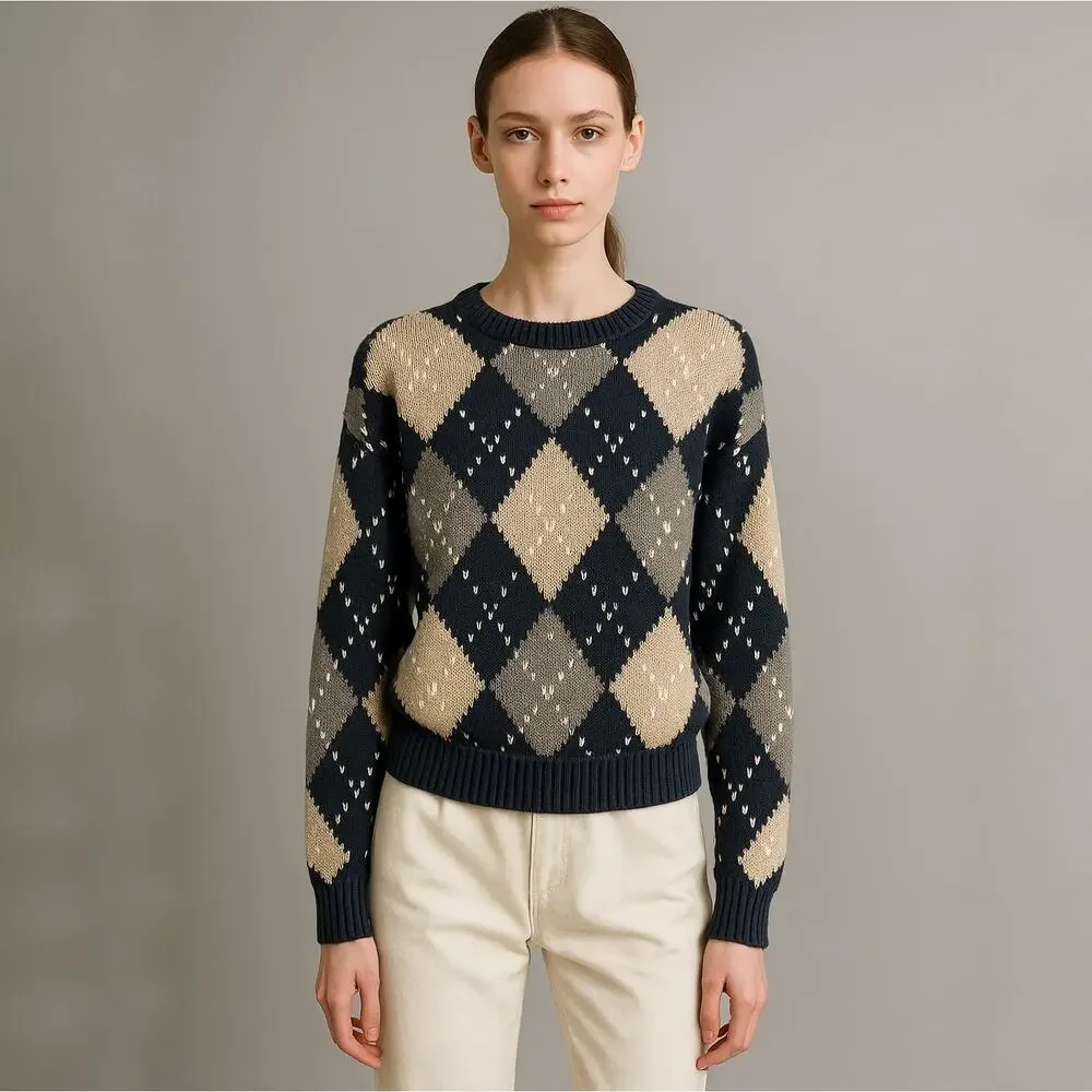 Vintage‎ Lizsport Argyle Sweater Women’s Small – Ramie Cotton Knit Oversized Fit